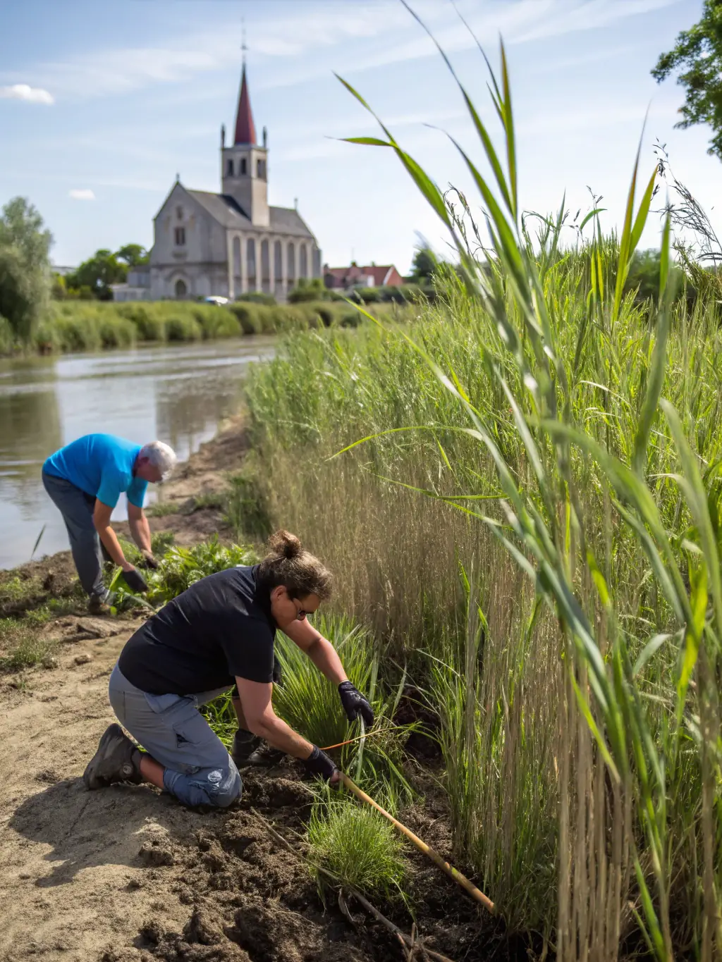 A close-up shot of volunteers planting native wildflowers in a designated area of the Jardin des Tulipes, showcasing the organization's commitment to biodiversity.