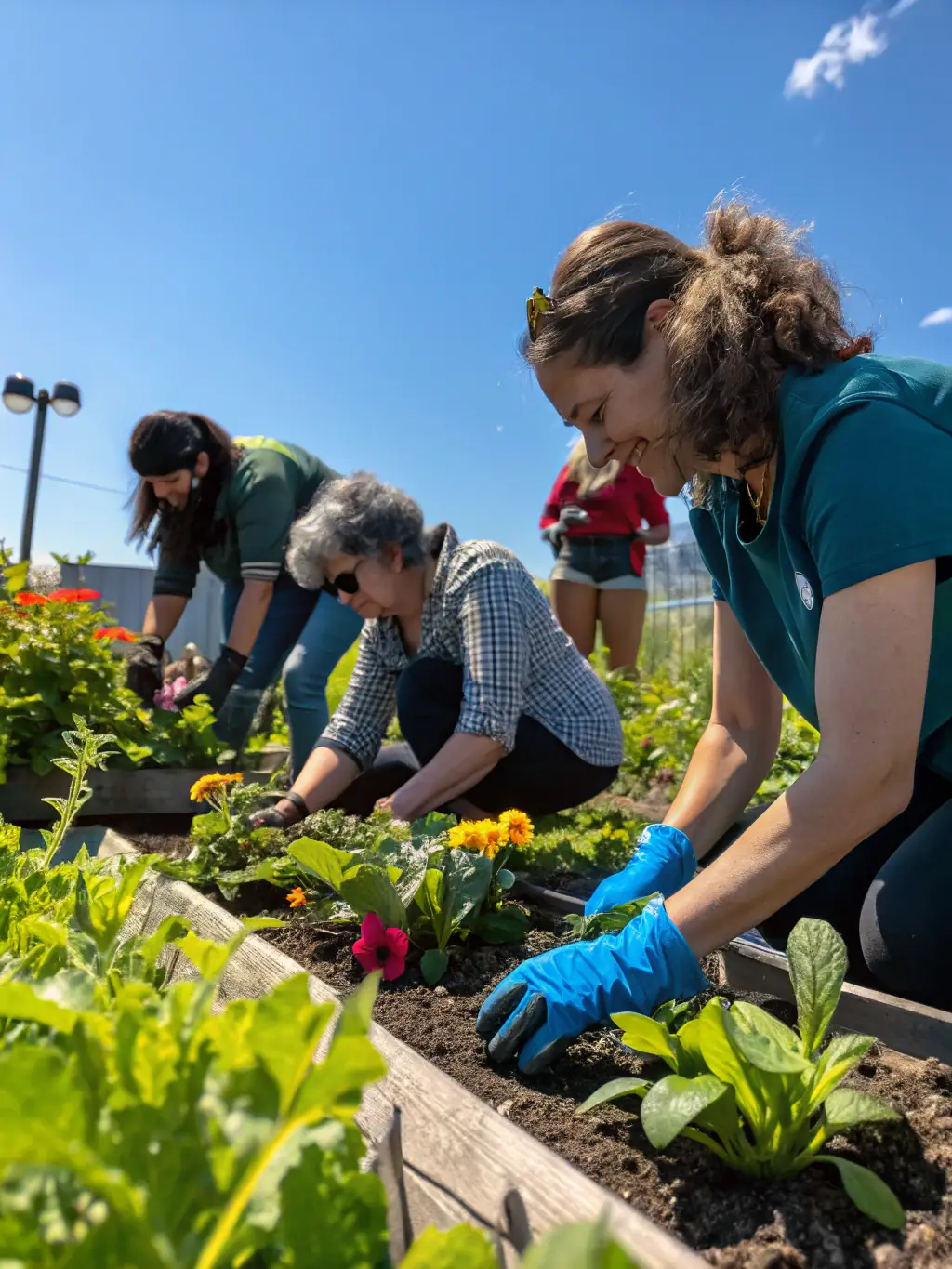 A group of students planting native wildflowers in the Jardin des Tulipes, guided by an MNG educator, showcasing hands-on ecological learning.