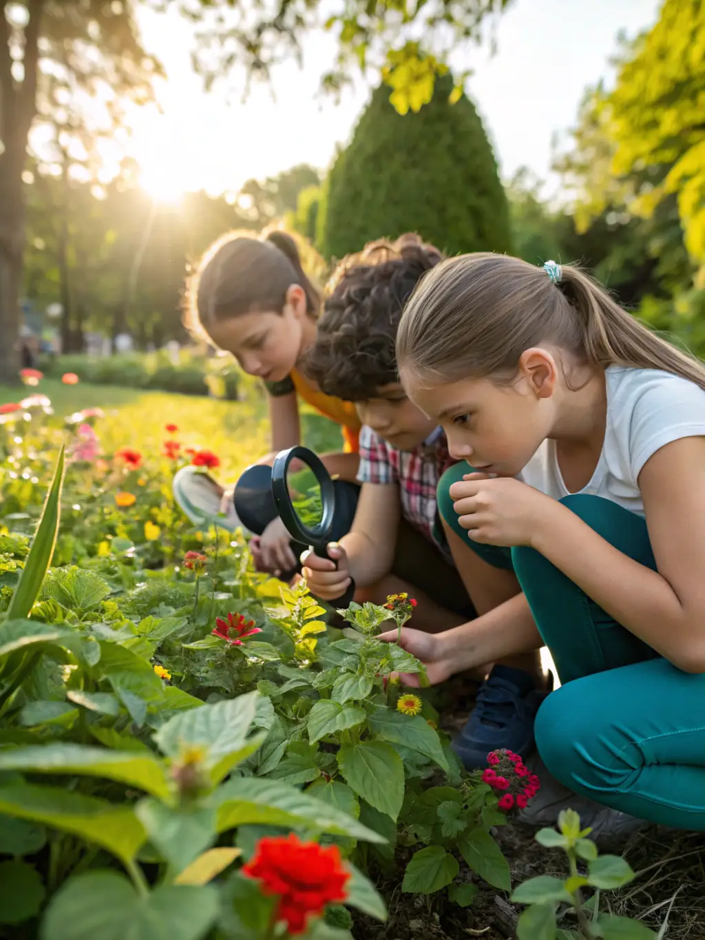 A group of students engaged in a hands-on workshop, examining soil samples and learning about sustainable gardening practices.
