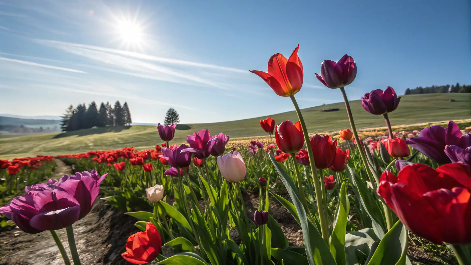A vibrant display of tulips in full bloom at the Jardin des Tulipes et de la Biodiversité, showcasing a variety of colors and species.
