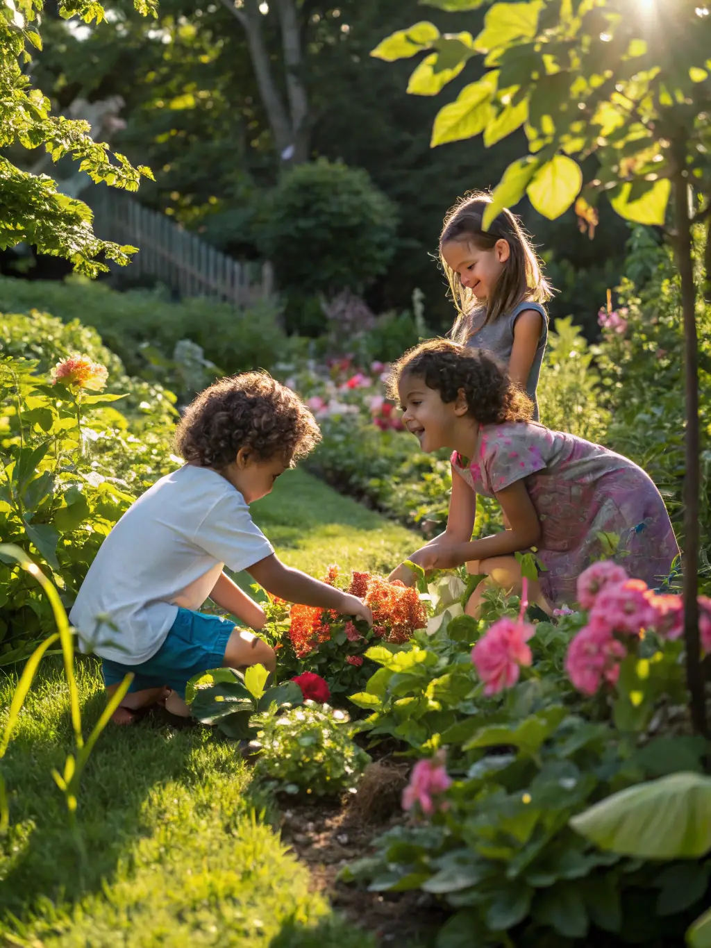 A vibrant photograph of children participating in a guided tour of the Jardin des Tulipes, learning about different plant species and their importance to the local ecosystem.