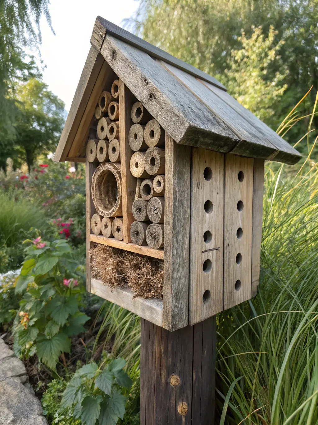 An image of volunteers constructing a bee hotel at the Jardin des Tulipes, demonstrating MNG's commitment to supporting pollinators and ecological conservation.