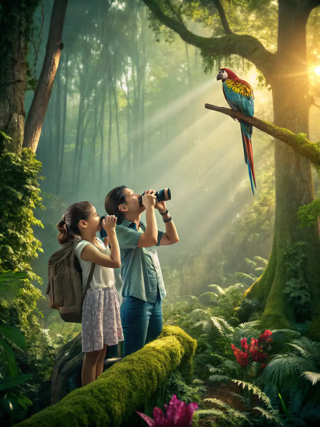 A family participating in a birdwatching activity at the Jardin des Tulipes, using binoculars and field guides, highlighting family-friendly ecological activities.